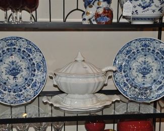 Great 3 piece Red Cliff Soup Tureen shown with two 14" Delft Platters