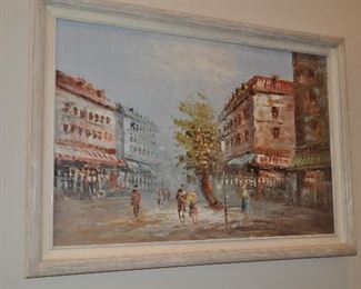 Vintage Parisian street scene circa 1926.  Signed oil on canvas