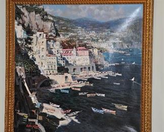 Vintage oil on canvas framed Mediterranean scene, 45" x 44"