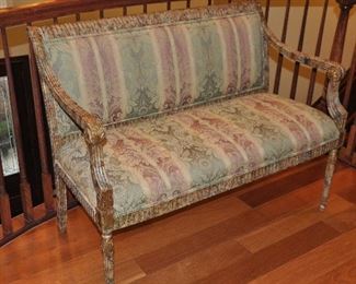 Antiqued gold/red painted wood upholstered bench, 46"w x 36"h x 26"d