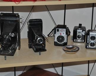 Vintage cameras including Argus 40, Brownie Bulls Eye, Brownie Hawk Eye and Kodak Folding Cameras