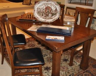 Wonderful rustic cherry Dining Table with 4 chairs, 72"w x 38" d x 30"h. Also shown is the vintage Johnson Brothers, His Majesty Thanksgiving Turkey Platter