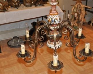 6 arm bronze and painted porcelain chandelier 