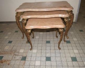 French Louis XV Nest of 3 Bronze and Marble Top Tables