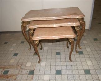French Louis XV Nest of 3 Bronze and Marble Top Tables
