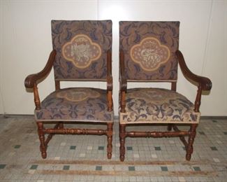 Quality Pair of Louis XIII Fauteuils/ Armchairs W/ Needlepoint Upholstery
