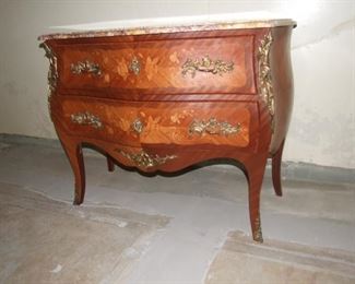 Louis XV Marble Top Marquetry Commode Chest of Drawers Mahogany