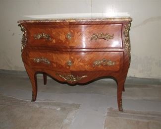 Louis XV Marble Top Marquetry Commode Chest of Drawers Mahogany