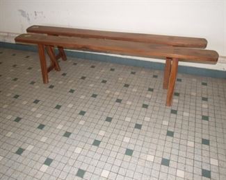 Pair of Rustic Farm Table Forms/ Bands Rounded Ends Cherry Benches