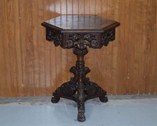 Heavily Carved Octagon Inlayed French Lamp Table