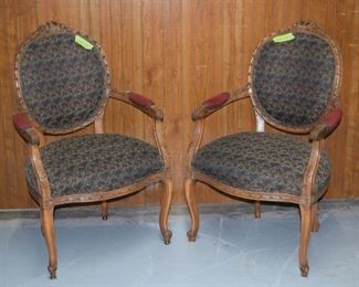 Pair of Open Arm Carved French Fireside Chairs
