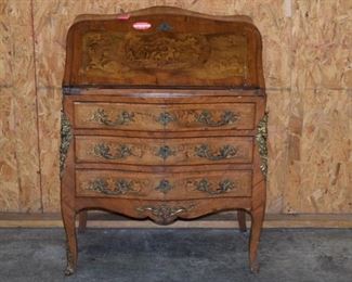 French Satin Wood Inlayed Brass Mount Drop Front Desk