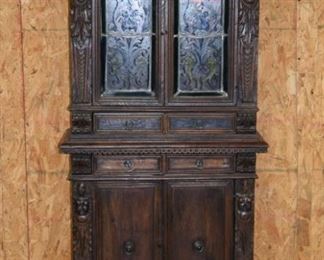  Walnut French Figural Carved Stain Glass Bar Cabinet