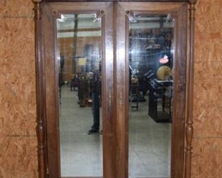 French Henri II Column Side Mirrored Doors Armoire