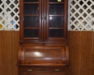 Burl Walnut East Lake Victorian Cylinder Roll Bookcase Secretary