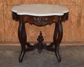 Rare Carved Victorian Turtle Marble Top Table w/ Drawer Desk