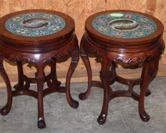 Pair of Rosewood Oriental Plant Stands w/ Cloisonné Top