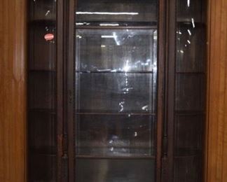 Large Oak Carved Curved Beveled Glass China w/ Paw Feet