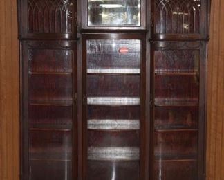 Rare Carved Mahogany Serpentine 3 Door Bookcase w/ Step Top