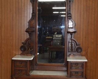 Large Renaissance Victorian Brooks Style Marble Top Dropwell Dresser w/ Mirror