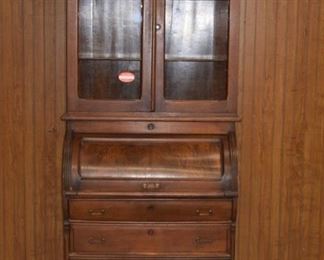 Walnut Victorian Cylinder Roll Bookcase Secretary