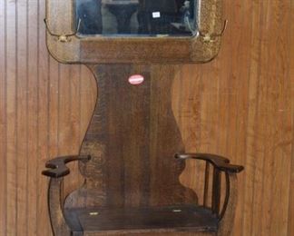 Carved Oak Hall Tree w/ Mirror & Lift Seat