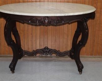 Large Carved Victorian Oval Marble Top Parlor Table