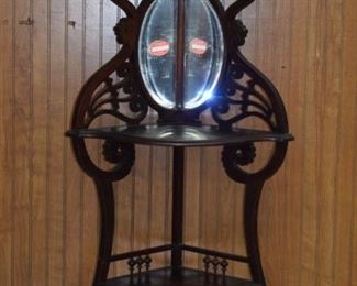 Ornate Carved Mahogany Mirrored Back Corner Shelf