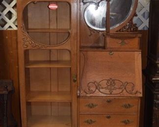 Carved Oak Side By Side Bookcase Secretary