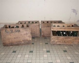 4 Wood Advertising Bottle Crates w/ 60 Glass Bottles w/ Ceramic cork Stoppers