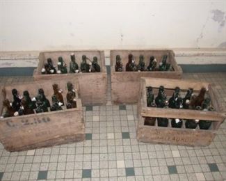 4 Wood Advertising Bottle Crates w/ 60 Glass Bottles w/ Ceramic cork Stoppers