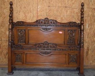 Carved Walnut Bed w/ Tall Post