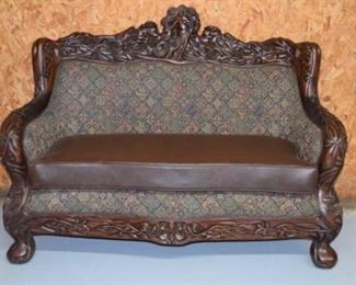 2pc Ornate Mahogany Karpen Style Leather Loveseat