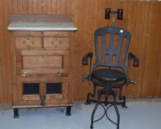 Early Oak Barber Cabinet w/ Foot Peddle Door & Early Iron Dental Chair