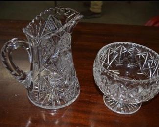Cut Glass Pitcher and Press Glass Bowl