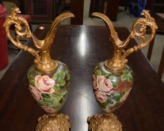 Hand Painted Porcelain Brass Mounted Urns