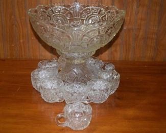 Pattern Glass Punch Bowl w/ 10 Cups