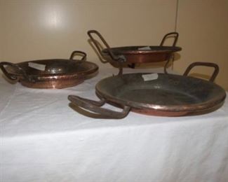 3 Antique Copper Sauteuse Pan's w 2 Handles