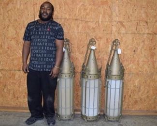 3 Large Iron Church Lights w/ Leaded Glass