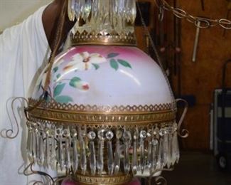 Ornate Victorian Hanging Adjustable Lamp w/ Crystal Prisms