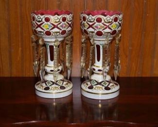 Pair of Bohemian Cranberry Cut to Clean Mantle Lusters w/ Prisms