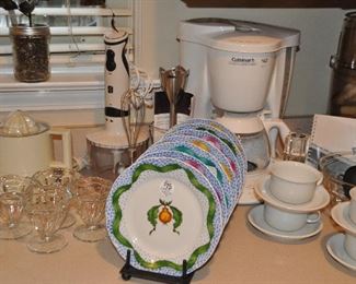 Set of 7 hand painted Thur dessert plates shown with a Cuisinart Automatic Grind and Brew, a Braun Citromatic and a Wolfgang Puck Immersion Blender Chopper