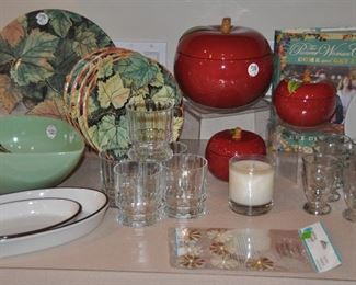 Rare vintage Jadeite large teardrop bowl shown with a dessert 7 piece set, apple canister set and more!