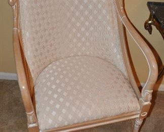 Two bleached oak carved upholstered side chairs with swan detail, 23”w x 23”d x 38”h