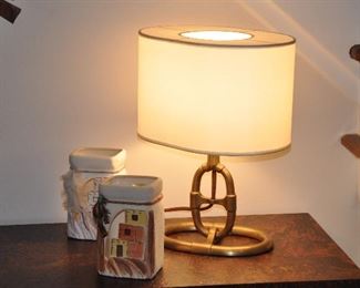 Fantastic Ralph Lauren heavy satin brass table lamp shown with painted Southwestern ceramic holders. 