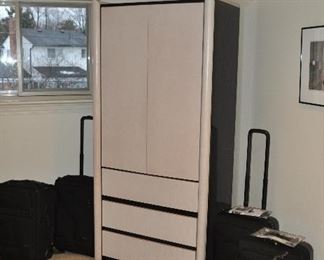 Three drawer black lacquer and bleached wood armoire/wardrobe, 35"W x 20"D x 74.5"H