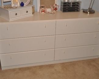6 drawer off white laminate dresser, 63"W x 19"D x 29.5"H
