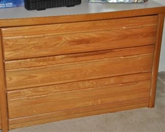Three drawer dresser by Stanley Furniture white laminate top and sides with oak fronts, 44"W x 18"D x 30"H
