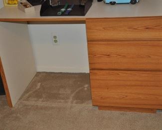White laminate with oak front three drawer desk, 48"W x 24"D x 30"H