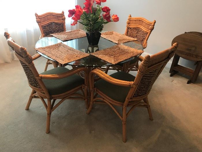 Wicker / Rattan Glass Top Table / 4 Chairs $ 320.00
